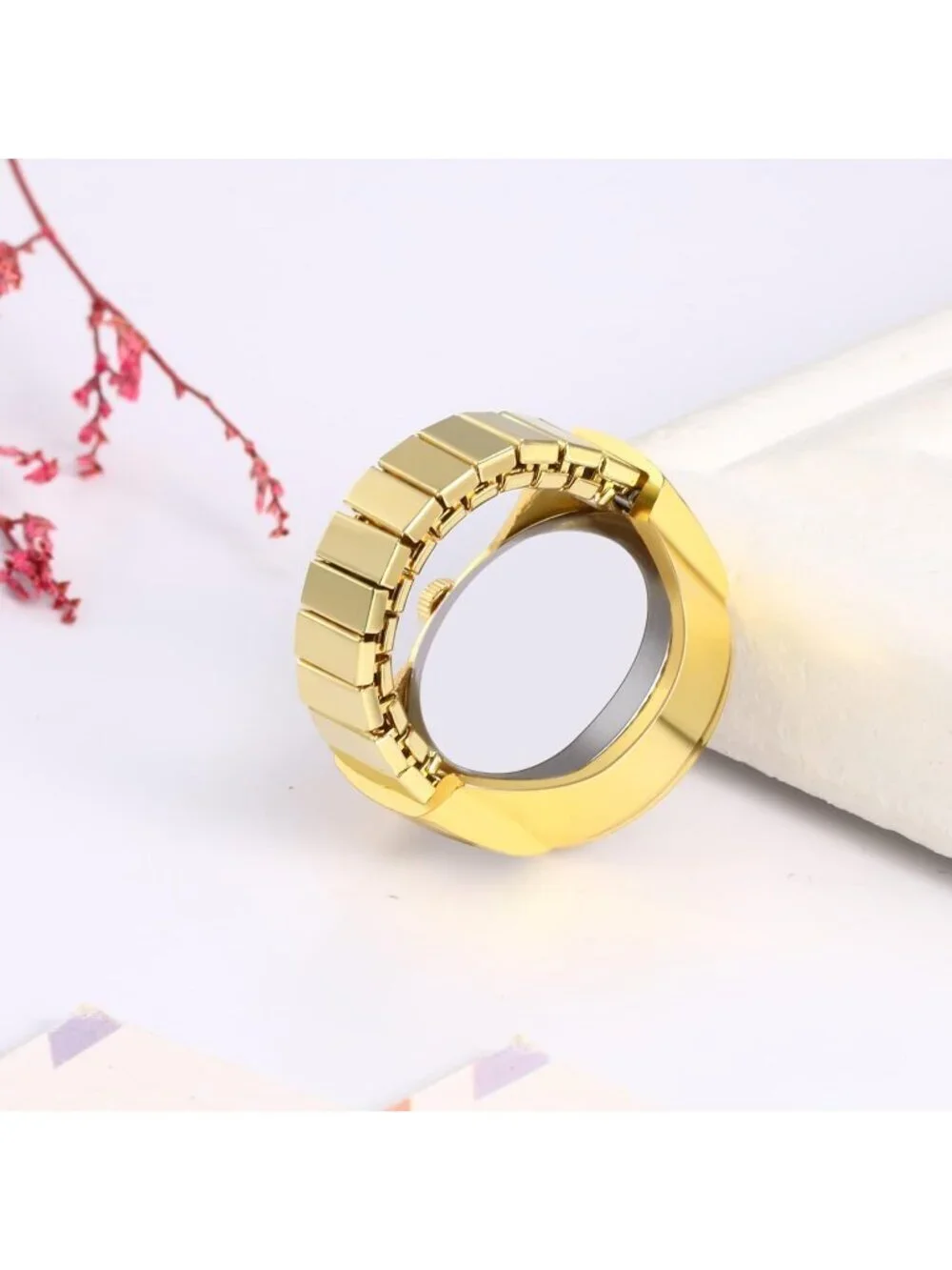 Unisex All Gold Analog Quartz Plated Elastic Butterfly Simple Round Ring Watch